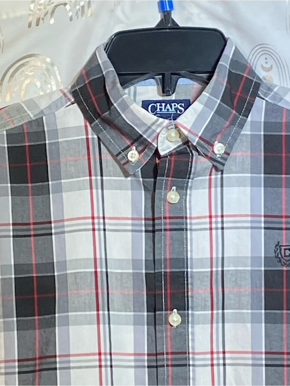 Chaps Men’s Gray, White & Red Plaid Button-Down Shirt